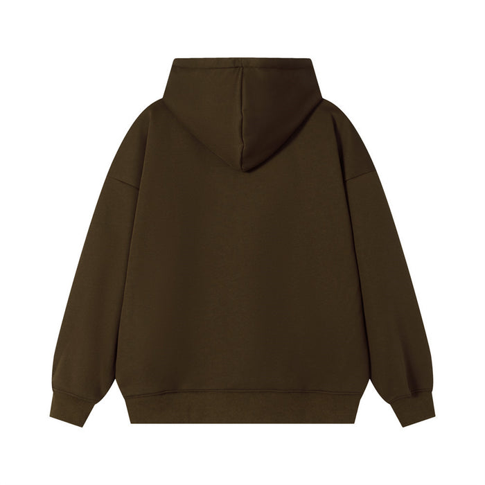 Back view of the dark brown oversized pullover hoodie with a plain back, hood, ribbed cuffs, and hem