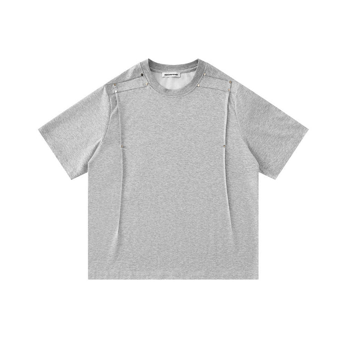 Light gray oversized T-shirt with studded shoulder details, front view