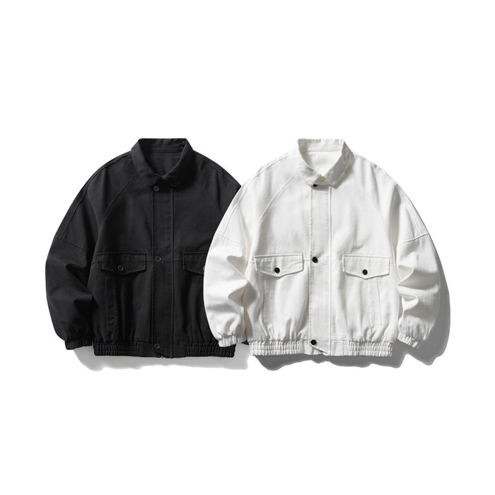 Black and white oversized workwear bomber jackets with button front and flap pockets