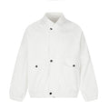 White oversized button-up bomber jacket front view with flap pockets