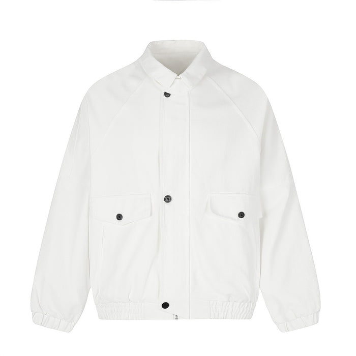 White oversized button-up bomber jacket front view with flap pockets