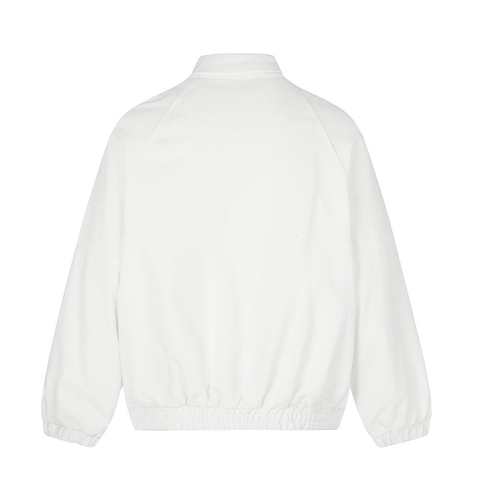 White bomber jacket back view with raglan sleeves and elastic hem