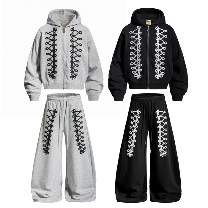 Gray and black zip-up hoodie and wide-leg sweatpants sets with contrasting rope-lace front details
