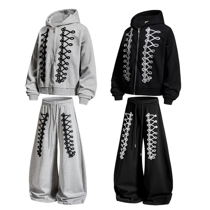 Gray and black hoodie sweatpants sets shown front-facing with wide legs and decorative rope-lace panels