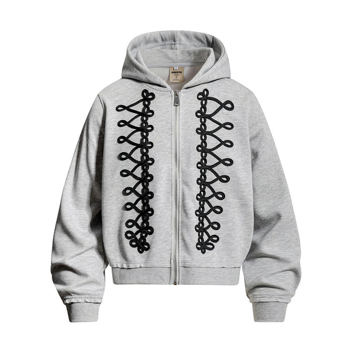Light gray zip-up hoodie with black looped rope-lace panels, hood, ribbed cuffs, and hem