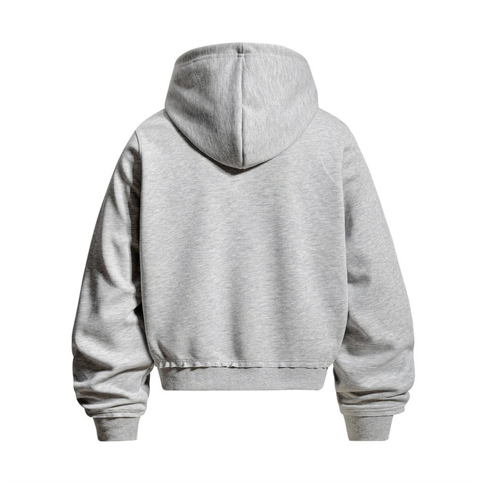 Back view of a plain light gray zip-up hoodie with hood, oversized sleeves, and ribbed hem