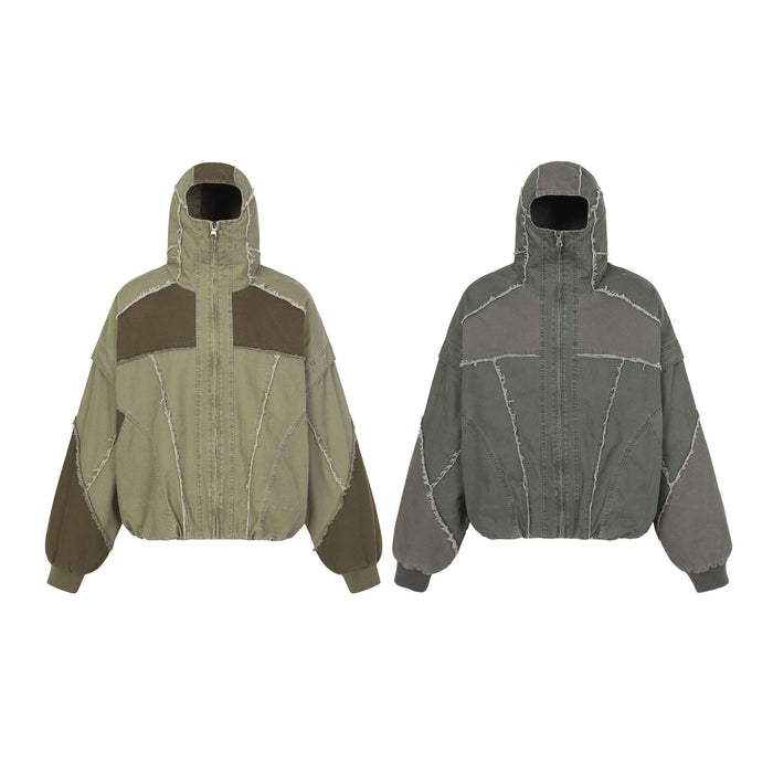 Patchwork hooded bomber jackets in olive and charcoal gray with frayed seams and zip fronts