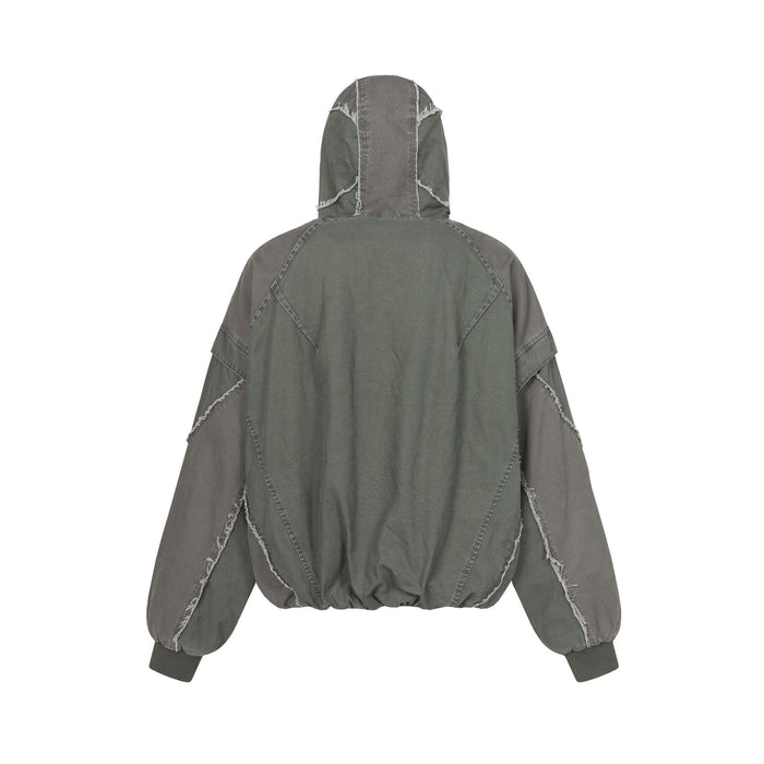 Charcoal gray patchwork hooded bomber jacket shown from the back with gathered hem and ribbed cuffs