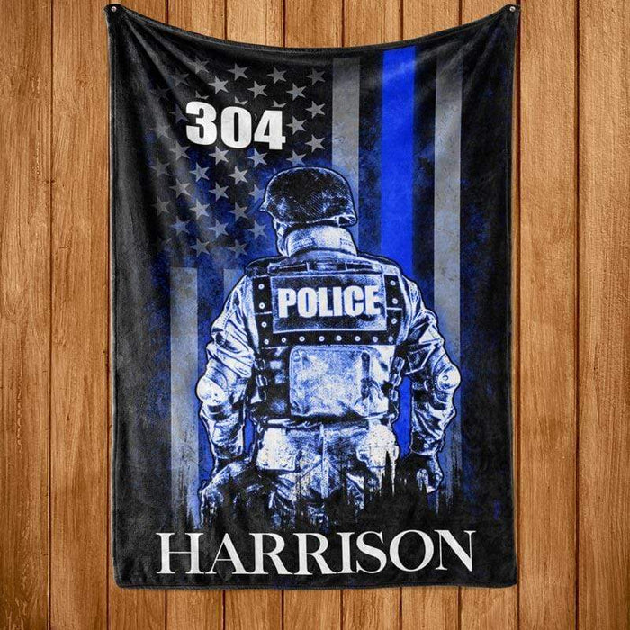 Fleece Blanket Personalized Fleece Blanket - Thin Blue Line Flag - Police Officer Suit
