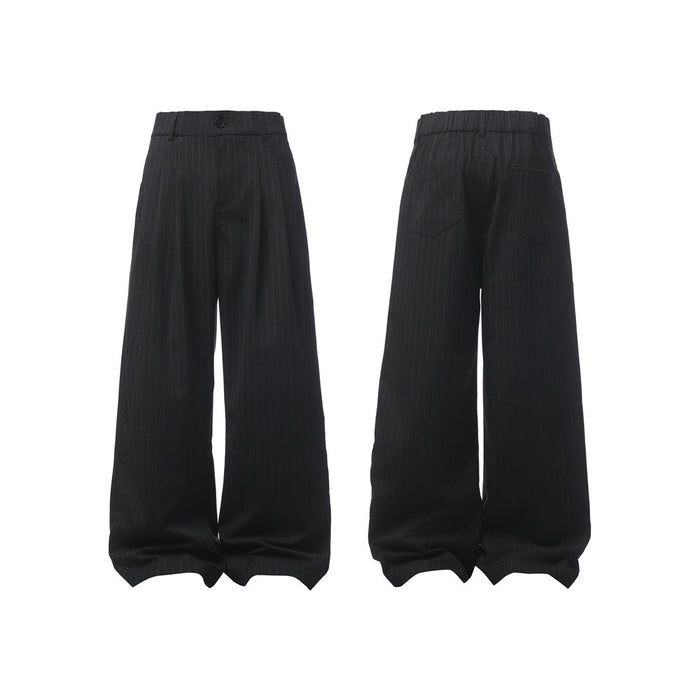 Black pinstripe wide-leg trousers shown front and back on a white background