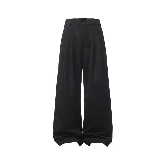 Front view of black pinstripe wide-leg trousers with a high waist and loose hem