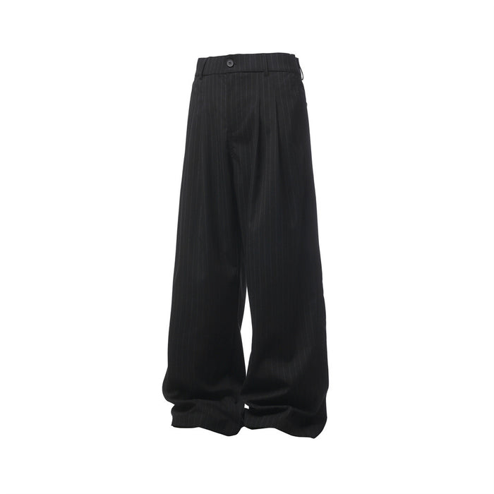 Front view of black pinstripe trousers with wide legs and elastic waistband