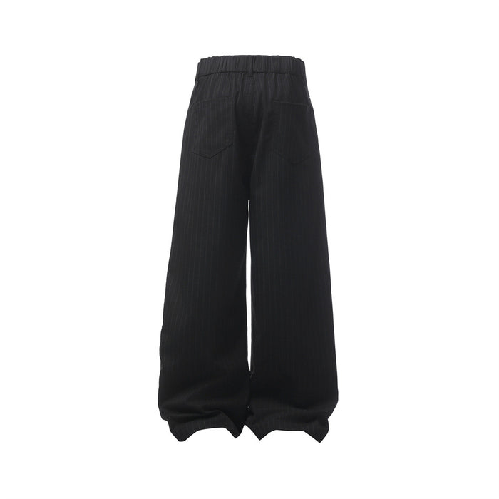 Back view of black pinstripe wide-leg trousers with rear patch pockets