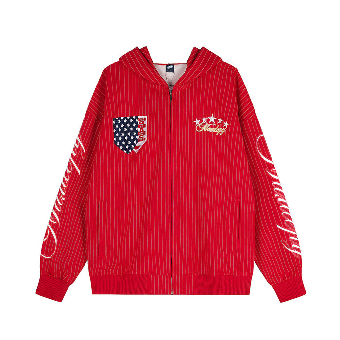 Oversized red pinstripe zip-up hoodie with embroidered stars, script lettering on sleeves, and American flag shield patch on