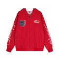 Oversized red pinstripe zip-up hoodie with embroidered stars, script lettering on sleeves, and American flag shield patch on