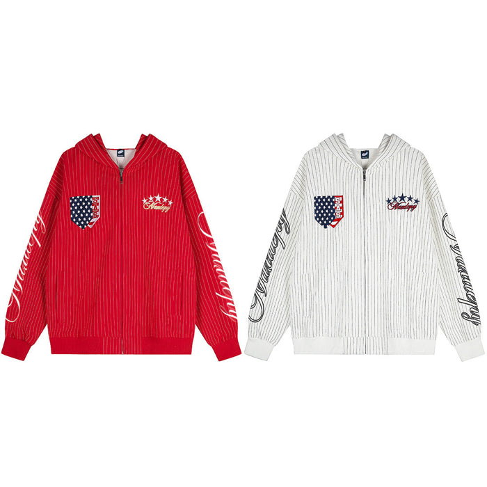 Front view of red and white pinstriped zip-up hoodies with star embroidery, flag patches, and sleeve graphics