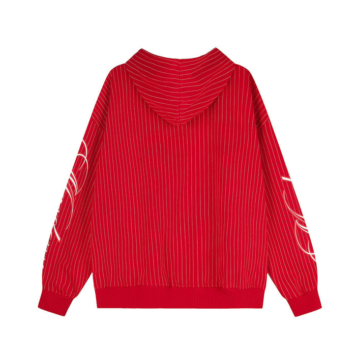 Back view of a red pinstriped zip-up hoodie with hood, ribbed hem, cuffs, and printed sleeve graphics