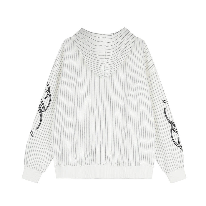 Back view of a white pinstriped zip-up hoodie showing the hood, ribbed hem, cuffs, and sleeve graphics
