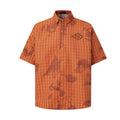 Oversized plaid short-sleeve shirt with tie-dye distressed wash and embroidered chest logo in orange colorway