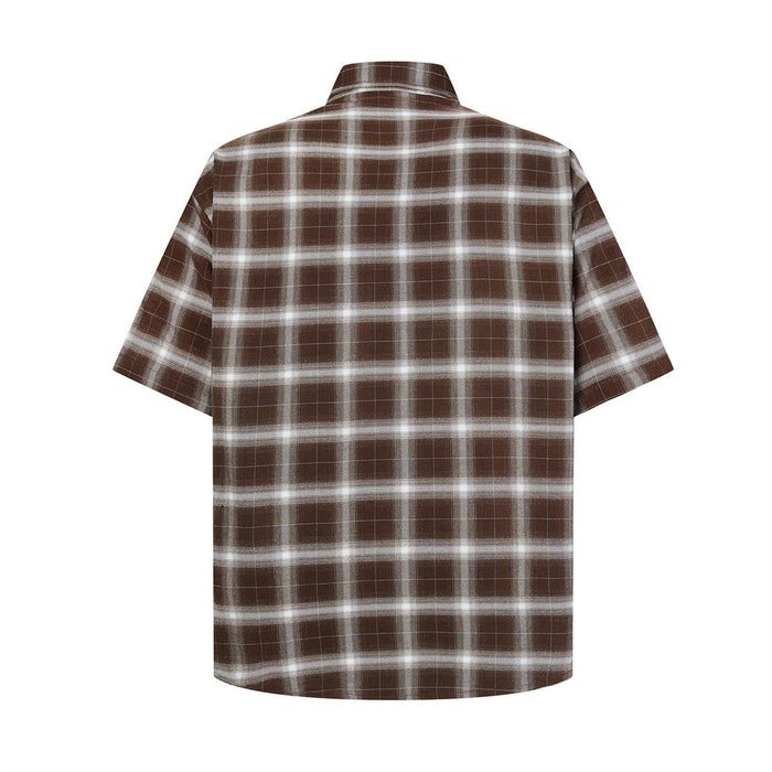 Brown plaid short-sleeve button-up shirt shown from the back