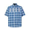 Blue plaid short-sleeve button-up shirt with embroidered letter patch and pearl studs, front view
