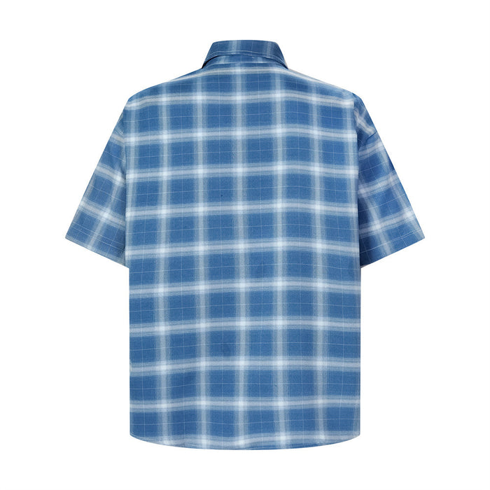 Blue plaid short-sleeve button-up shirt shown from the back