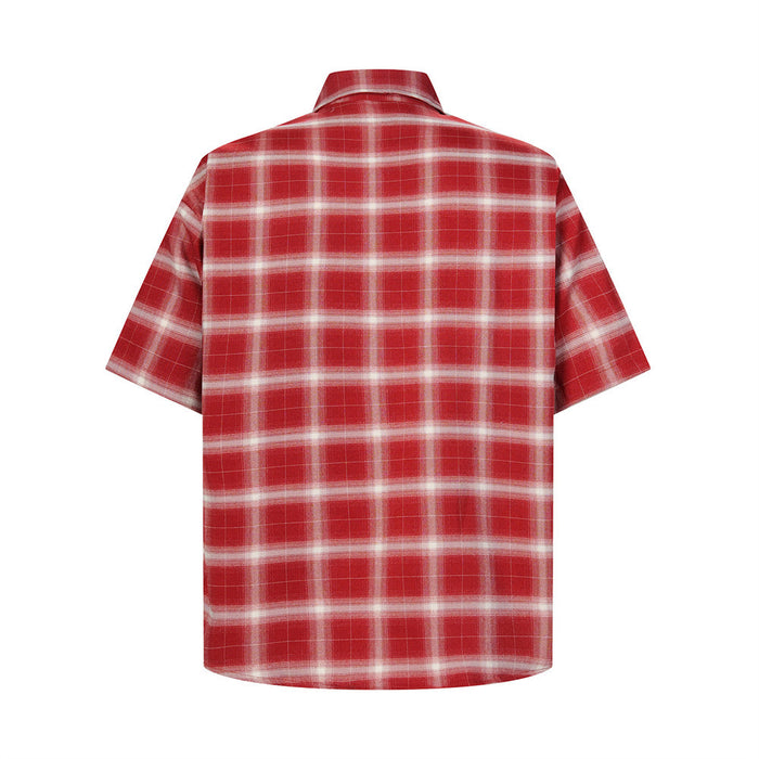 Red plaid short-sleeve button-up shirt shown from the back