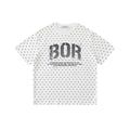 White oversized polka dot crew neck tee with BOR striped block-letter graphic print on the front chest