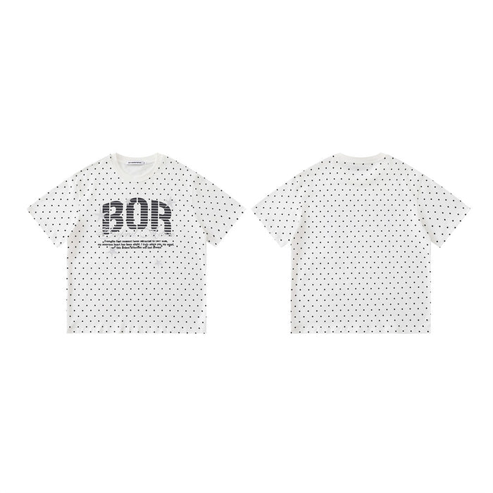 White oversized crew neck T-shirt with black polka dots and BOR front graphic, front and back views