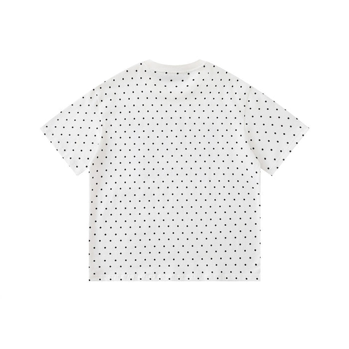 Back view of a white oversized crew neck T-shirt with black polka dots