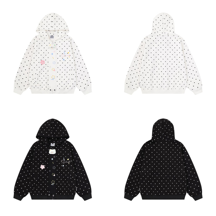 Polka dot zip-up hoodie shown in white and black with front and back views