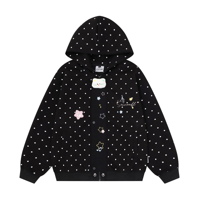 Black polka dot zip-up hoodie front with raised cat patch and colorful star embroidery