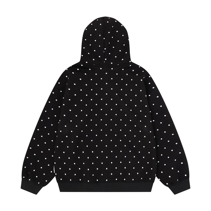 Black polka dot hoodie back showing the hood, sleeves and ribbed hem