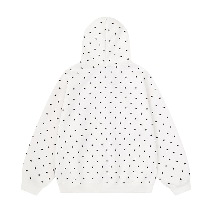 White polka dot hoodie back with hood, long sleeves and ribbed hem