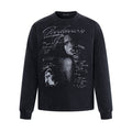 Washed black oversized long sleeve graphic tee with punk portrait print and handwritten text on front