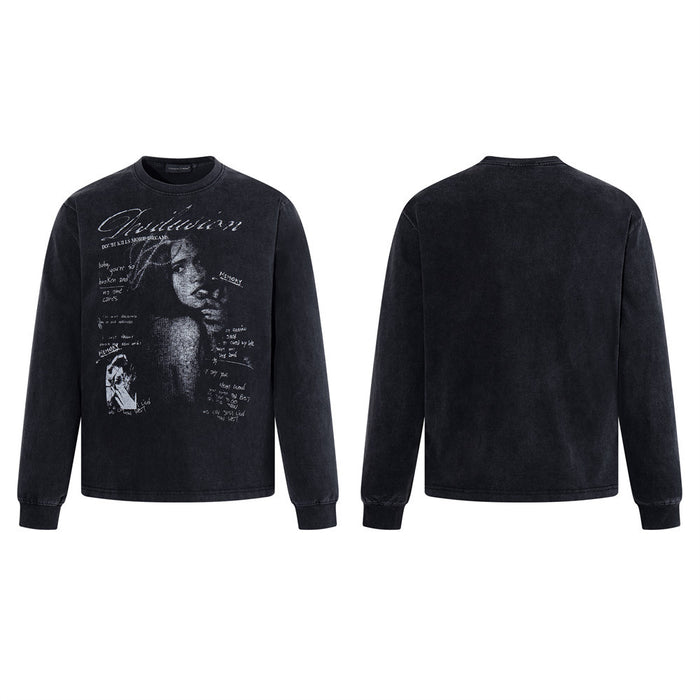 Washed black long sleeve crew neck T-shirt with vintage punk graphic, front and back views