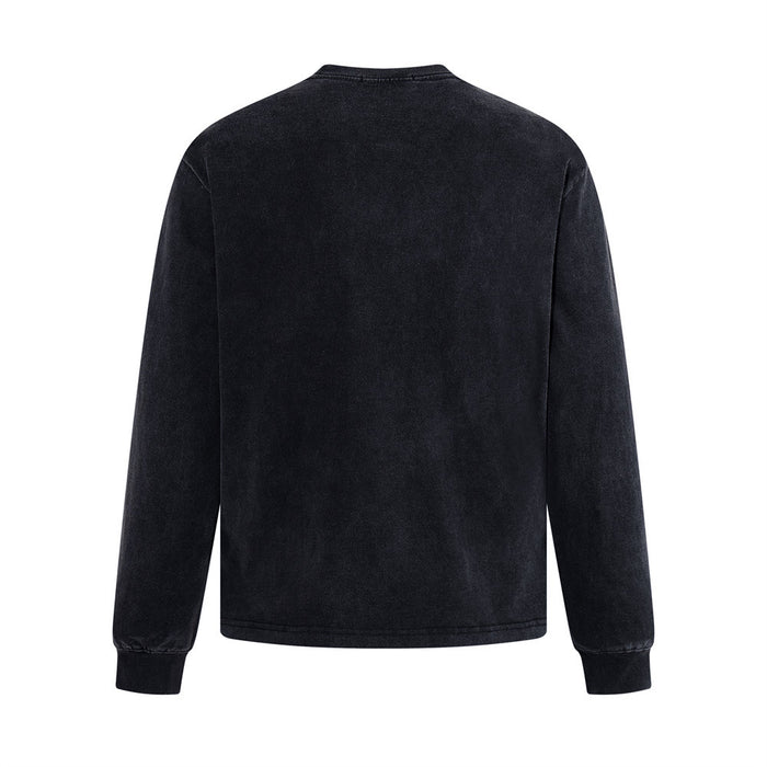 Back view of washed black long sleeve crew neck T-shirt with plain black finish