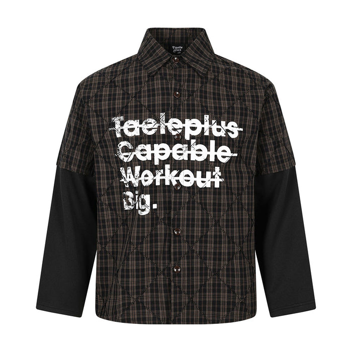 Men's quilted dark brown plaid shirt jacket with black contrast sleeves and distressed graphic print on chest
