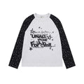 Heather grey raglan long sleeve tee with black star constellation print sleeves and graphic lettering on chest, front and bac