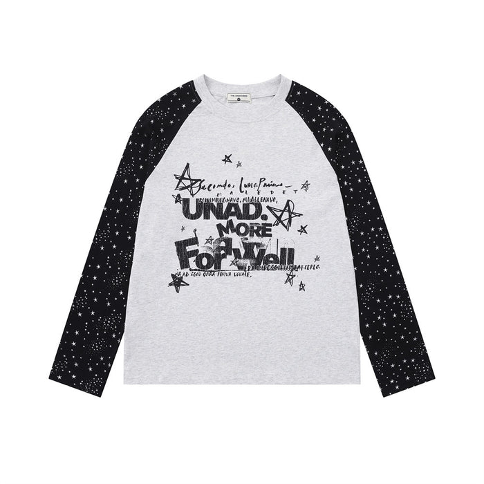 Heather grey raglan long sleeve tee with black star constellation print sleeves and graphic lettering on chest, front and bac