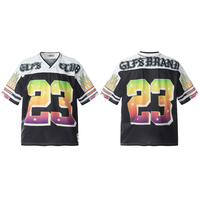 Front and back view of GLFS Club black football jersey with rainbow gradient number 23 and flame sleeve graphics