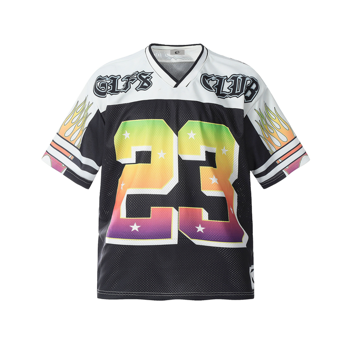Black football jersey with a rainbow-gradient number 23, white shoulders, and flame graphics on the sleeves