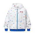 Front view of a white zip-up hoodie covered in multicolored stars with blue zipper, cuffs, and hem