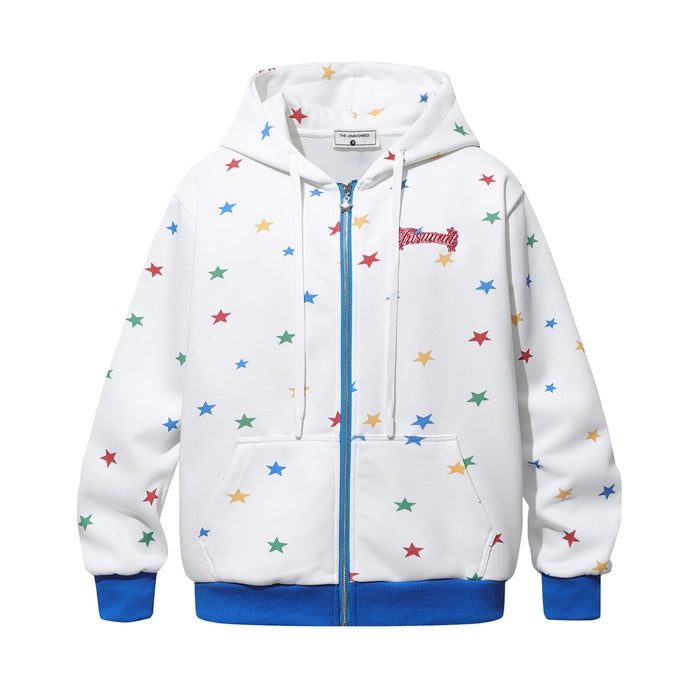 Front view of a white zip-up hoodie covered in multicolored stars with blue zipper, cuffs, and hem