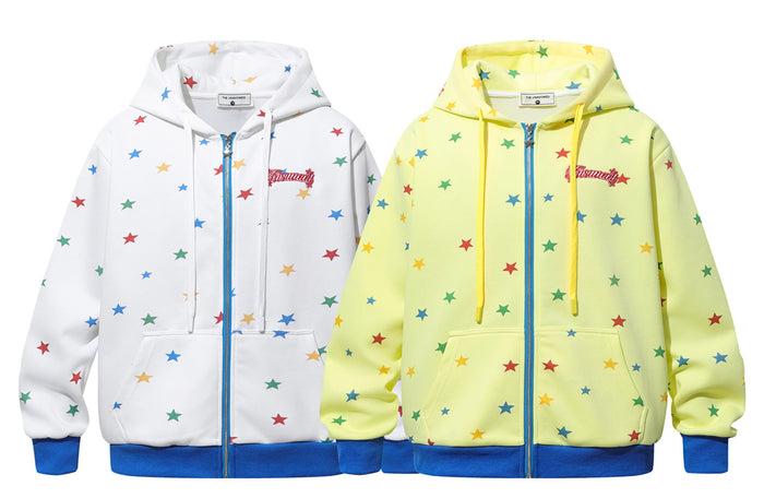 Rainbow star all-over print zip-up hoodie in white and yellow with royal blue contrast ribbed cuffs and hem