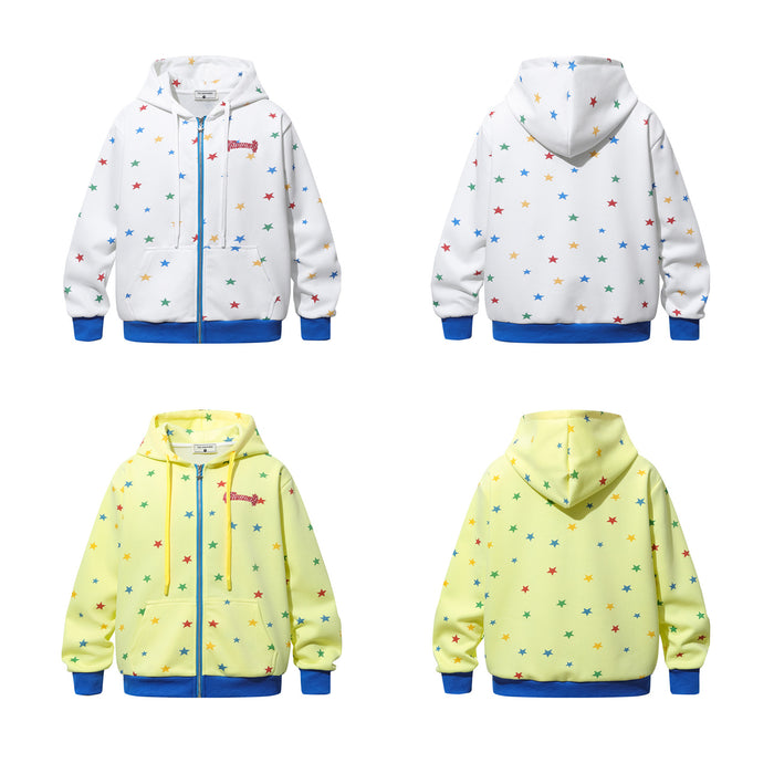Four-view product layout showing white and yellow star-print zip-up hoodies from front and back