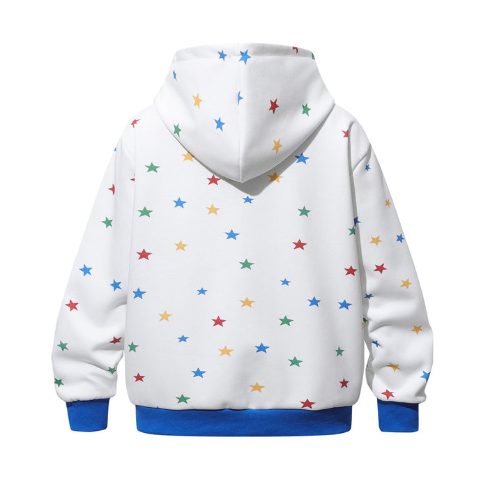 Back view of a white hooded zip-up sweatshirt with multicolored star print and blue ribbed trim