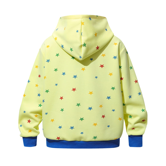 Back view of a yellow hooded zip-up sweatshirt covered in multicolored stars with blue ribbed trim