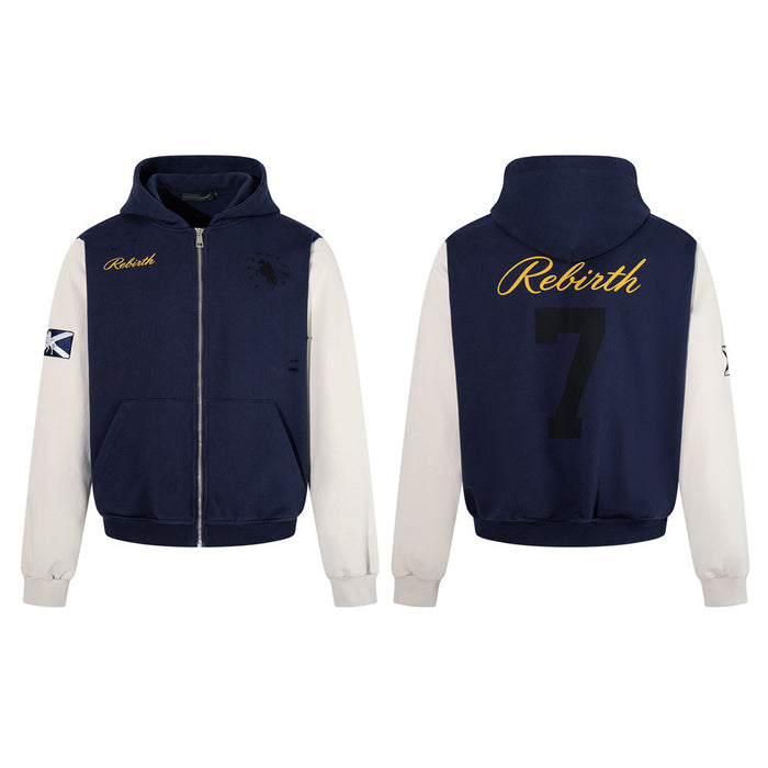 Rebirth 7 navy and cream colorblock zip-up hoodie with gold script embroidery and distressed detailing, front and back view
