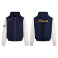 Rebirth 7 navy and cream colorblock zip-up hoodie with gold script embroidery and distressed detailing, front and back view